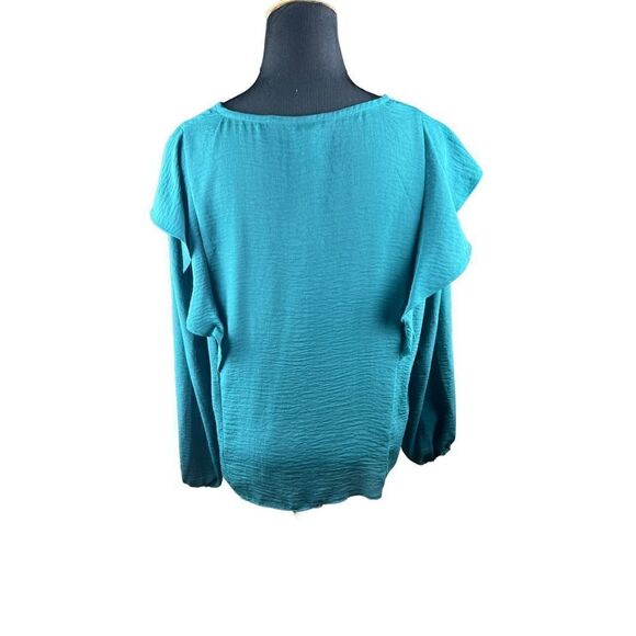Nine west green v neck ruffle long sleeve button up blouse Xl girly career - Picture 2 of 8